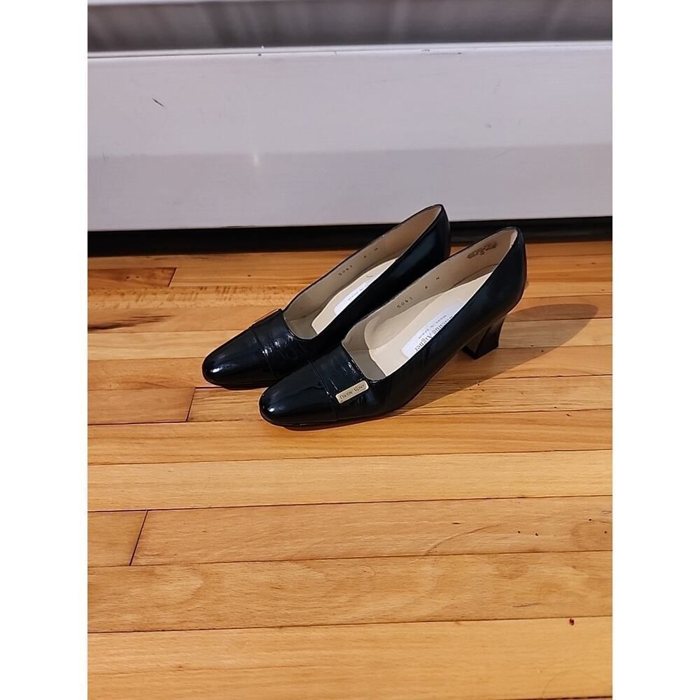 Etienne Aigner Patent Leather Black Block Heels Buckle Size 6M Almond Toe